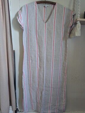 Pure Navy Linen Striped Maxi Dress Side Slits Oatmeal Orange Straight Women's M